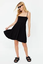 Trendyol Black Straight Flounce Stretchy Skater/Waisted Mini Knitted Dress