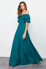 Trendyol Emerald Green Waist Opening/Skater Woven Flounced Long Evening Dress