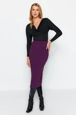 Trendyol Purple Smart Crepe Belt Detailed Fleto Pocket Midi Pencil High Waist Elastic Knitted Skirt