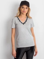 Grey T-shirt with lace trim at neckline