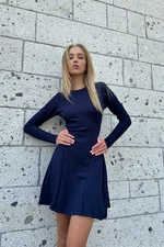 Trend Alaçatı Stili Women's Navy Blue Crew Neck Stitching Detailed Flared Mini Dress