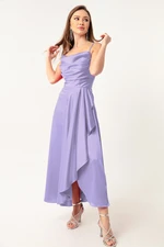 Lafaba Women's Lilac Ruffles and Slit Satin Midi Length Evening Dress & Prom Dress Lafaba Women's Lilac Ruffles and Slit Satin Midi Length Evening Dress & Prom Dress