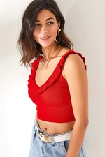 Olalook Women's Red Ribbed Ribbed Crop Knitwear Blouse