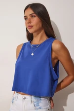 Happiness İstanbul Women's Cobalt Blue Cotton Halterneck Crop T-Shirt