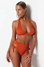 Trendyol Cinnamon Tie Textured High Waist Normal Leg Bikini Bottom