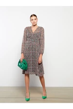 LC Waikiki V-Neck Patterned Long Sleeve Chiffon Women's Dress