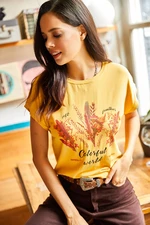 Olalook Women's Mustard Feather Printed T-Shirt