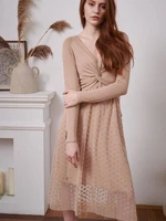 Beige midi dress made of combined Blue Shadow materials