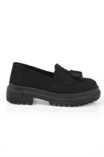 Capone Outfitters Capone Oval Toe Women's Suede Black Loafers with Tassels and Trace Column.