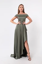Lafaba Women's Khaki Bateau Neck Satin Evening & Prom Dress
