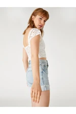 Koton Crop T-Shirt Embroidered Square Collar
