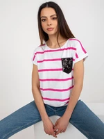 White and fuchsia striped blouse with short sleeves