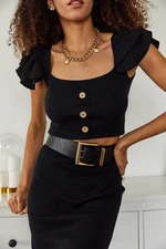 XHAN Women's Black Blouse with Frilled Buttons on the sleeves