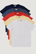 AC&Co / Altınyıldız Classics Men's White-navy-yellow-red-indigo Melange Slim Fit Narrow Cut Crew Neck 5-Piece T-Shirt Pack