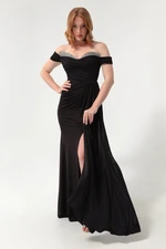 Lafaba Women's Black Long Evening Dress with Stones on the Tail