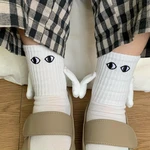 Fashion Funny Creative Magnetic Attraction Hands Black White Cartoon Eyes Couples Socks 1 Pair Club Celebrity Couple Socks Ins