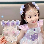 Children Mermaid Princess Pearl Fringe Pink Purple Bow Forehead Chain Hairpin Fairy Earhook Accessories Cartoon Girls Hair Clip