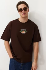 Trendyol Brown Men's Oversize/Wide Cut Landscape Embroidered 100% Cotton T-Shirt