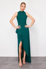 Trendyol Emerald Green Flounce Detailed Belted Woven Long Elegant Evening Dress