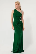 Lafaba Dámske smaragdovo zelené dlhé večerné šaty s kamennými ramienkami