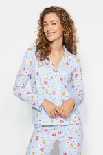 Trendyol Blue 100% Cotton Shirt-Pants Knitted Pajamas Set