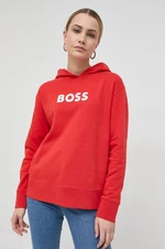 Bavlněná mikina BOSS dámská, červená barva, s kapucí, s potiskem, 50468367