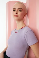 Trendyol Lilac Fitted/Simple Crew Neck Crop Corduroy Stretch Knitted Blouse