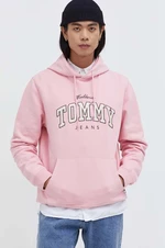 Bavlněná mikina Tommy Jeans pánská, růžová barva, s kapucí, s aplikací, DM0DM18401