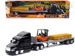 Peterbilt 387 Truck with Flatbed Trailer Black with Forklift and Hay Bales "Long Haul Trucker" Series 1/43 Diecast Model by New Ray