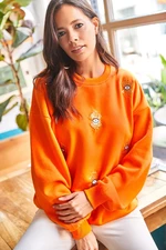 Olalook Women's Orange Eye Embroidered Inner Fleece Oversize Thick Sweatshirt