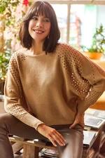 Olalook Women's Camel Openwork Bat Oversize Knitwear Sweater