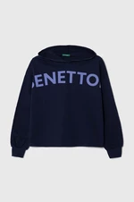 Dětská bavlněná mikina United Colors of Benetton tmavomodrá barva, s kapucí, s potiskem