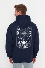 Trendyol Navy Blue Men's Oversize Hoodie. Space Printed Cotton Sweatshirt with a Soft Pile Interior