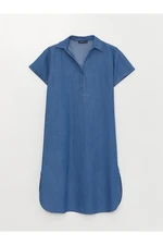 LC Waikiki Women's Jean Dress with a Shirt Collar, Short Sleeved Straight