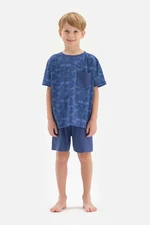 Dagi Navy Blue Printed Printed Pocket Detailed Short Sleeve T-Shirt, Shorts and Pajamas Set.