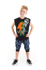 Mushi Lightning Dino Boys Children's Cotton Combed Combed Black T-shirt with Blue Capri Shorts Set.