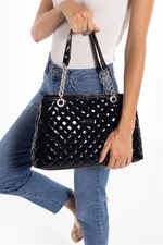 Madamra Women's Black Patent Leather Large Quilted Chain Bag