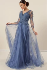 By Saygı Front Back V-Neck Glitter Pattern Lined Long Tulle Dress Indigo