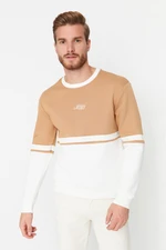 Trendyol Camel Mens Regular / Regular fit Long Sleeved Crewneck Printed Paneled Sweatshirt