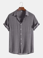 Mens Solid Color Textured Button Up Daily Short Sleeve Shirts