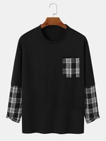 Mens Plaid Patchwork Chest Pocket Daily Long Sleeve T-Shirts