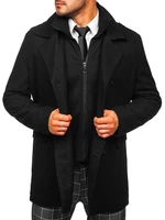 Čierny pánsky zimný dvojradový kabát s odnímateľným golierom Bolf 8805