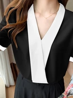 Contrast Color V Neck Short Sleeve Casual Blouse