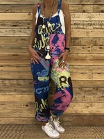 Color Contrast Print Sleeveless Straps Pocket Cotton Jumpsuit For Women