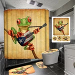 Frog Playing Guitar Bathroom Shower Curtain Anti-skid Bath Carpet Rugs Toilet Seat Cover Bath Mat Set