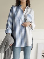 Women Stripes Patchwork High Low Split Hem Casual Long Sleeve Shirts