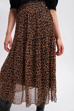 Gusto Leopard Patterned Pleated Skirt - Camel