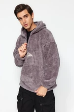 Trendyol Gray Oversize/Wide-Fit Zippered Mountain Embroidery Pocket Fleece/Plush Sweatshirt