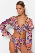 Trendyol Abstract Patterned Crop Woven Tie-Up Blouse
