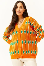 Olalook Women's Orange Diamond Pattern Oversize Knitwear Cardigan